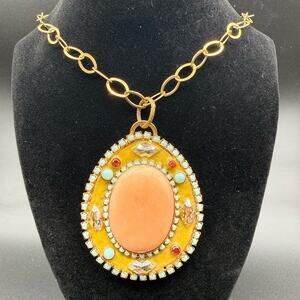 Liz Palacios Gold and Coral Cobachon Pendant Necklace 20” drop
